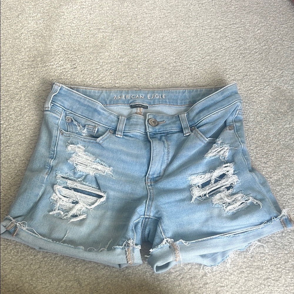 American Eagle Outfitters Women's Light Blue Distressed Denim Shorts